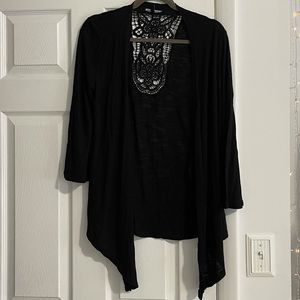 Think black cardigan with lace design on back